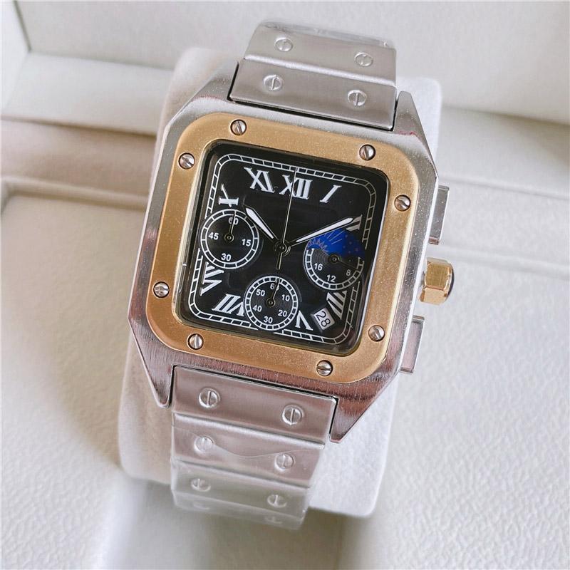 

Men Square Brand Watches Multifunction Style Small Dials Can Work High Quality Stainless Steel Band Wrist Watch for Women, Gold silver white