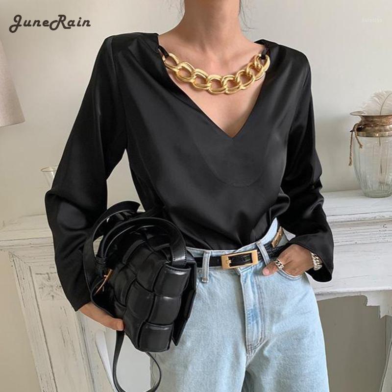 

JuneRain Spring Women Solid V-neck Long Sleeve Blouse Female Backless Casual Loose Work Clothes Ladys Fashion Shirts Sexy Tops Women's Blous, Black
