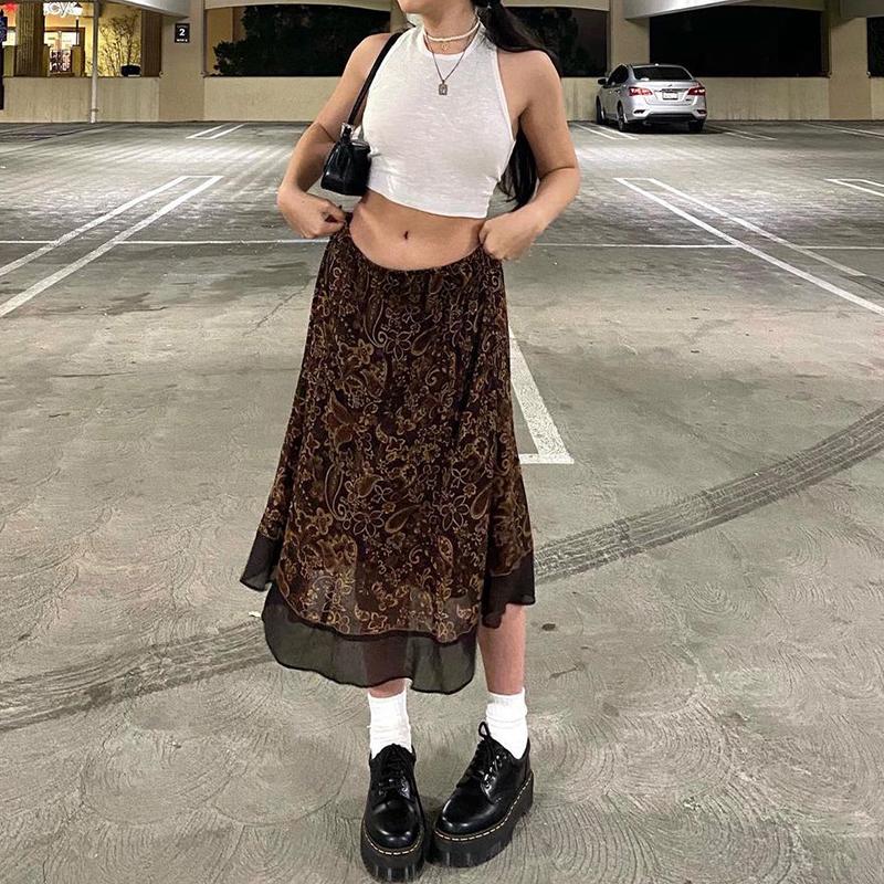 

Skirts 90s E-Girl Aestheti Midi Cute Womens Floral Print Y2K Kawaii Clothes High Waist Vintage Autumn Skirt StreetwearSkirts, As photo shows