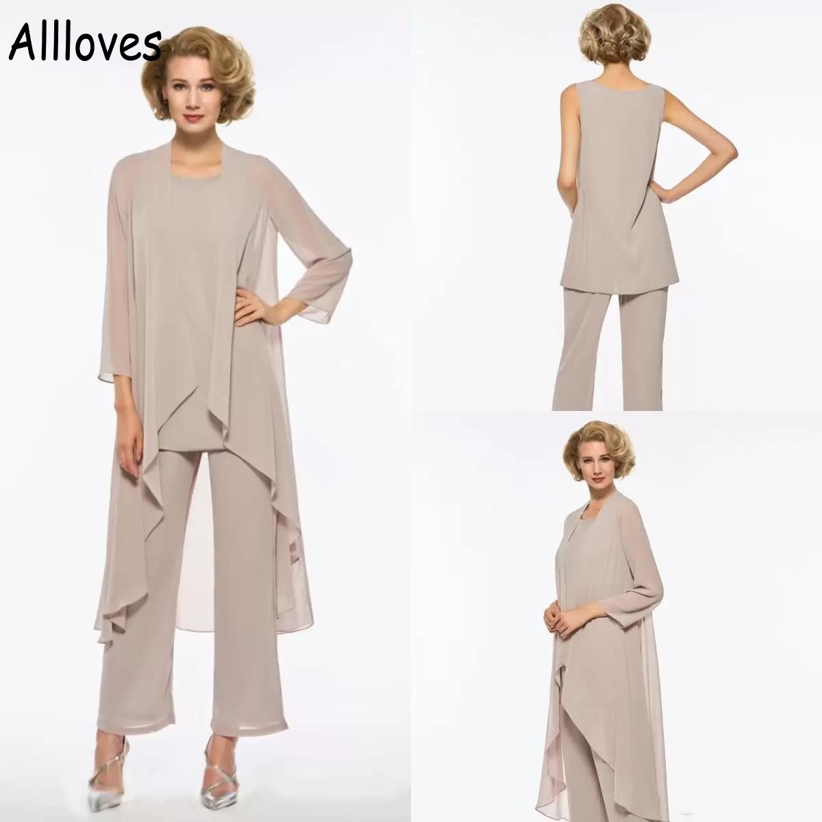 

3 Pieces Elegant Chiffon Mother Of The Bride Dresses Suits Set With Long Sleeve Jacket Cape Full Length Pants Summer Wedding Mother Formal Party Wear Simple CL0820