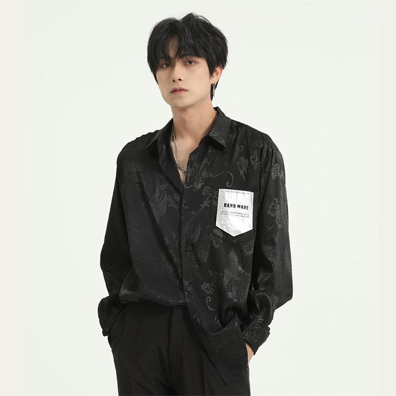 

Men Drago Pattern Korea Style Streetwear Long Sleeve Casual Shirt Male Vintage Loose Hip Hop White Black Men's Shirts, 1025