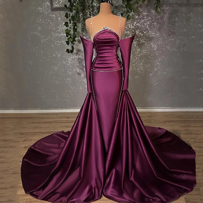 

Gorgeous Purple Mermaid Evening Dresses Formal Vestidos de fiesta Beads Sequins Spaghetti Strapless Backless With Poet Long Sleeve Prom Gala Party Gowns, Royal blue