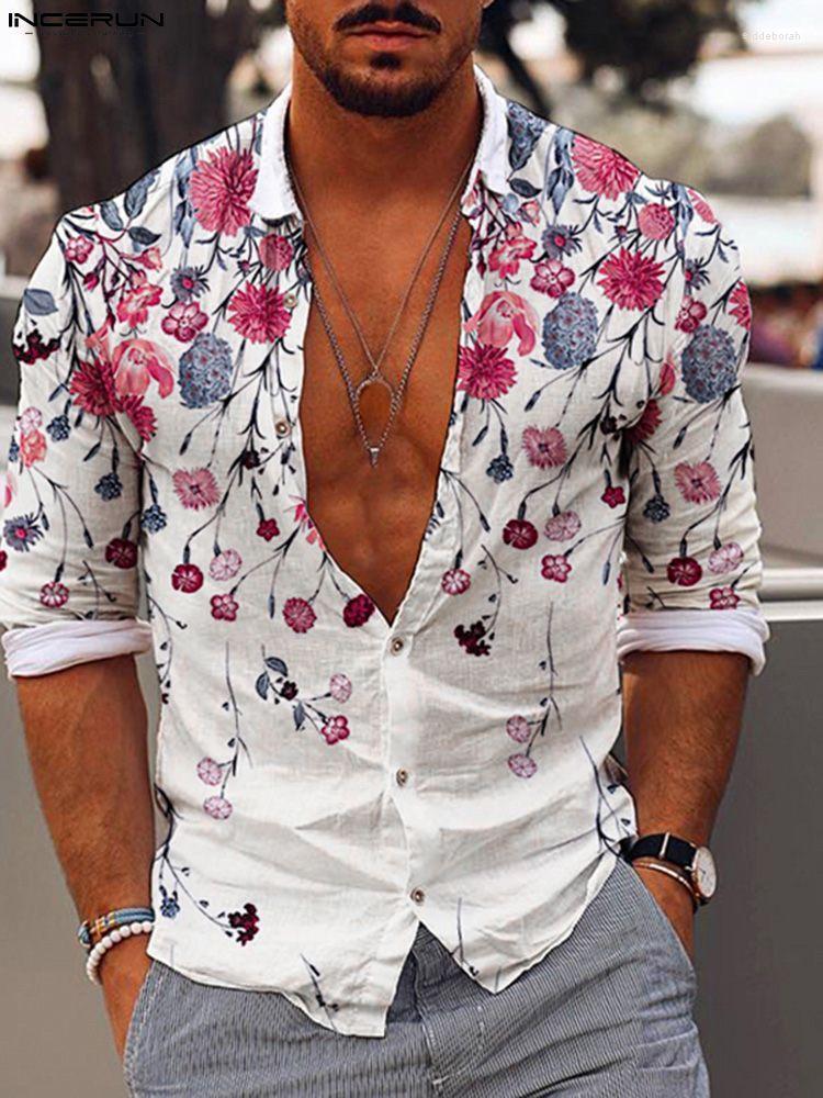 

Men' Casual Shirts Fashion Men Shirt Brand Printing Lapel 2022 Long Sleeve Streetwear Camisa Masculina Button Leisure Tops -3XL INCERUN 7M, White