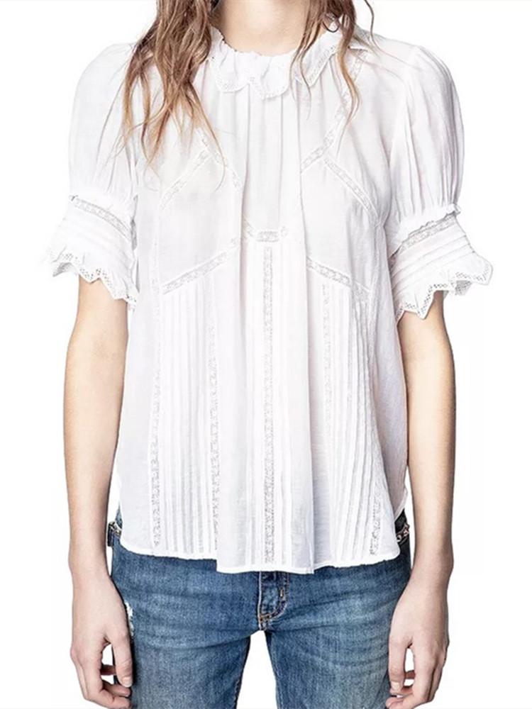 

Women's Blouses & Shirts Women's White Ruffles Blouse Lace Hollow Out Loose Short Sleeve Ladies Elegant Shirt Summer, Tops