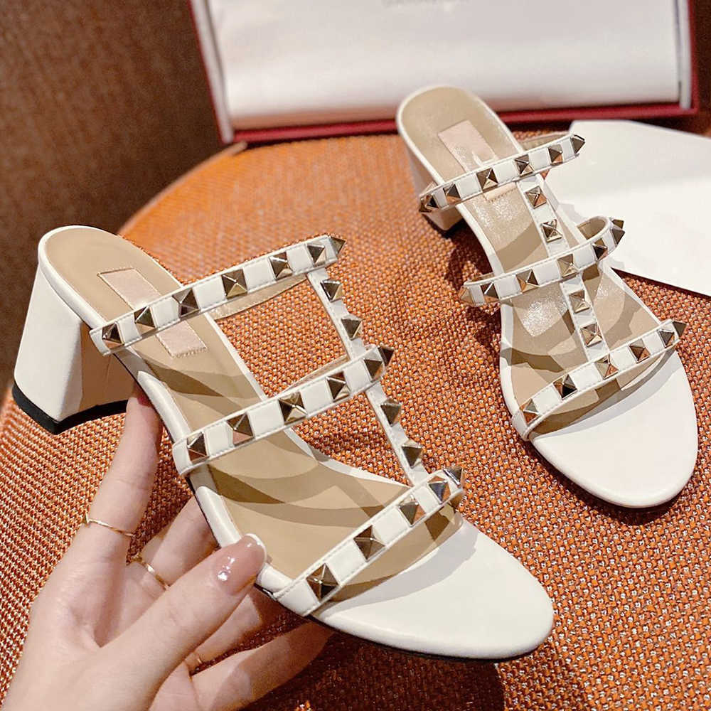 

2022 Newest Luxury designer Leather Women Stud Sandals Slingback Pumps Ladies Sexy High Heels Fashion Rivets shoes With box, #1