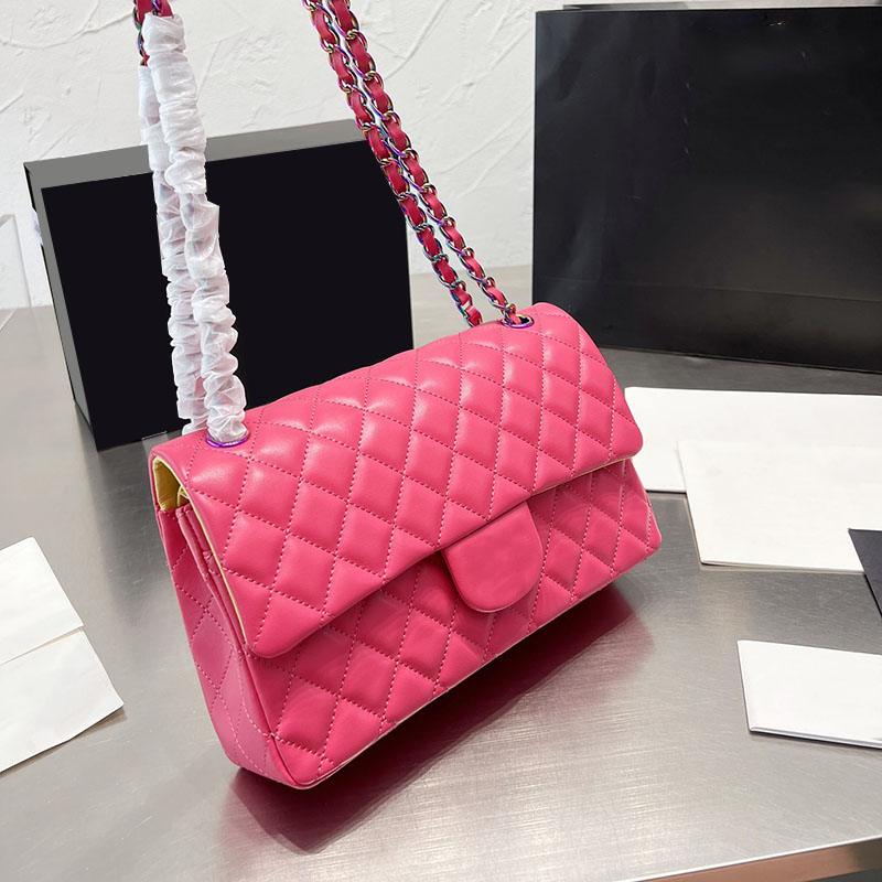 

Women Classic Designer Shoulder Bags Colored Metal Letter Badge Lambskin Handbags Contrasting Colors Double Flap Metal Hardware Chain Crossbody Purse 25cm, Box