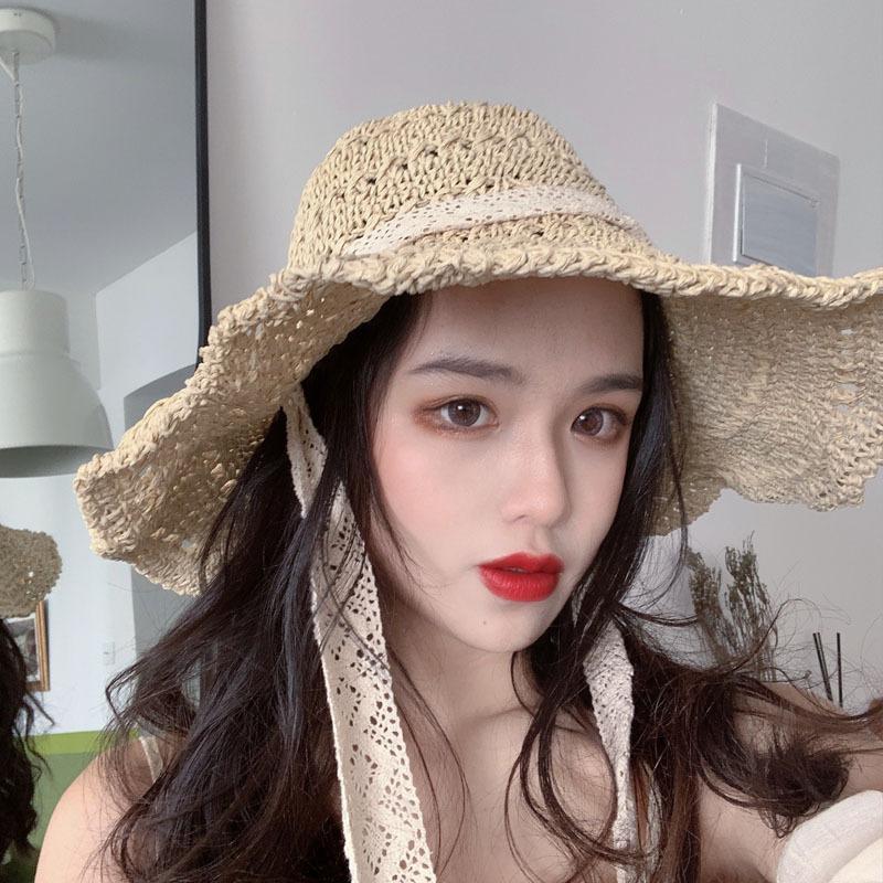 

Wide Brim Hats 2022 Summer Straw Beach Big Japanese Sunscreen Sun Caps Holiday Woven Lace Lace-up Women's Hat, Beige