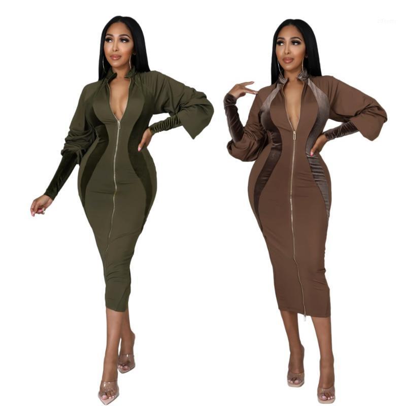 

Casual Dresses Autumn Winter Evening Lady Dress Velvet Patchwork Club Long Lantern Sleeves Stand Neck Mid Calf Length Zipper Women, Brown