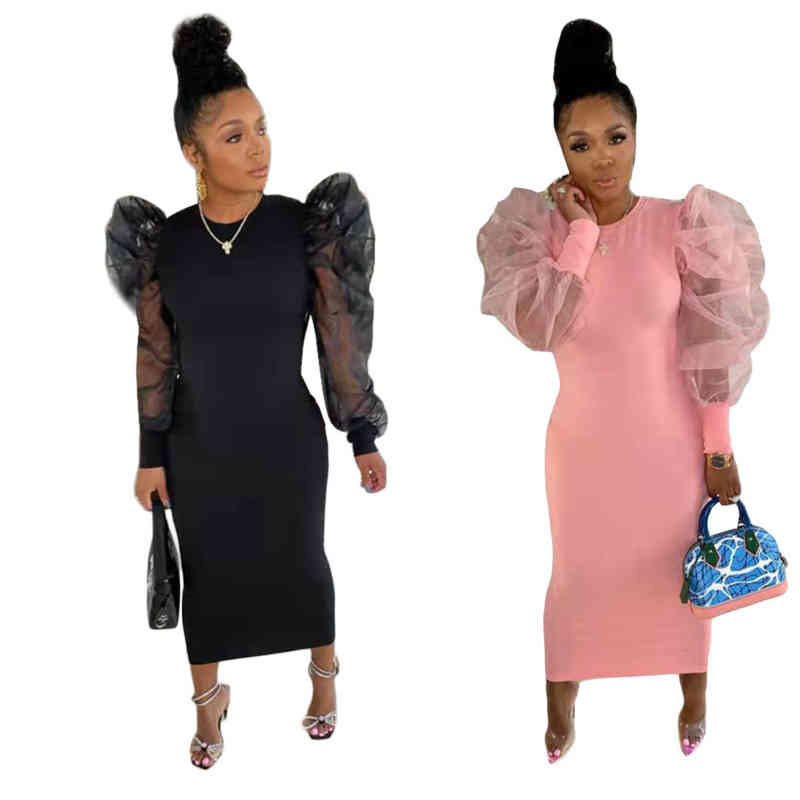 

YY6600 Women Dresses Luxury Mesh See-through Lantern Sleeve Dress Hip Wrap, Pink