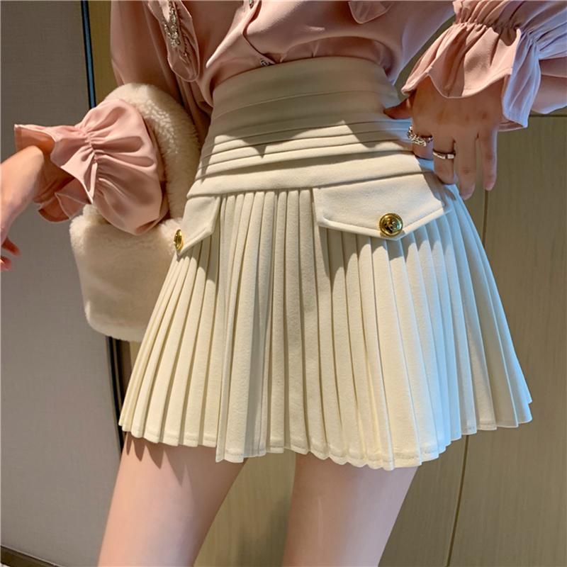 

Skirts High Waist Pleated Women Zipper Shorts Skirt Plus Size Vintage Golden Buttons Mini Elegant Ball Gown Black M651