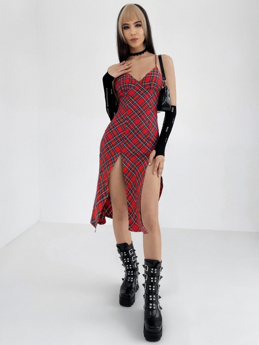 

m-slit Hem Tartan Cami Dress V58d#, Multicolor