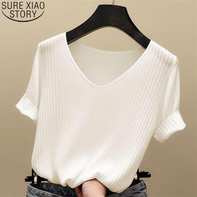 

Knitted Short Sleeve Shirt Women Tops Solid Korea Summer Tshirt Thin V-neck Knit Female Tee Casual T 13539 220321, Black