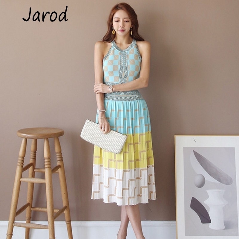 

High Quality Summer sleeveless geometry Knitted Dress Women Slim Holiday Dresses Vestidos 210526, Picture color