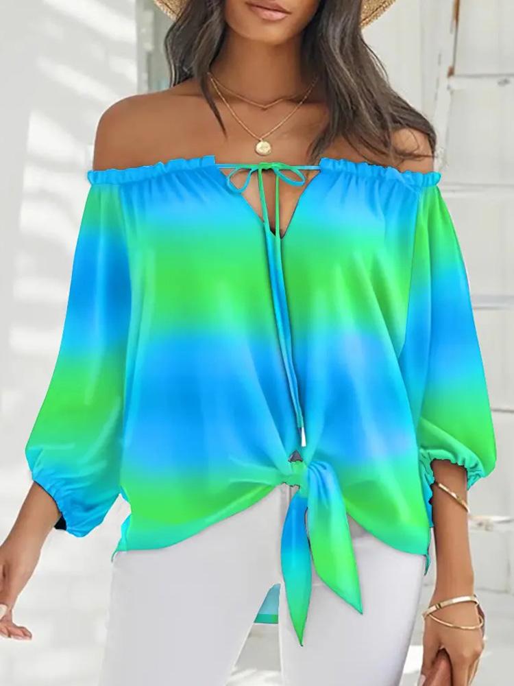 

Women' Blouses & Shirts Summer Printed Chiffon Pullover Blouse Women Fashion Slash Neck Off The Shoulder Print Tops WomenWomen, Green