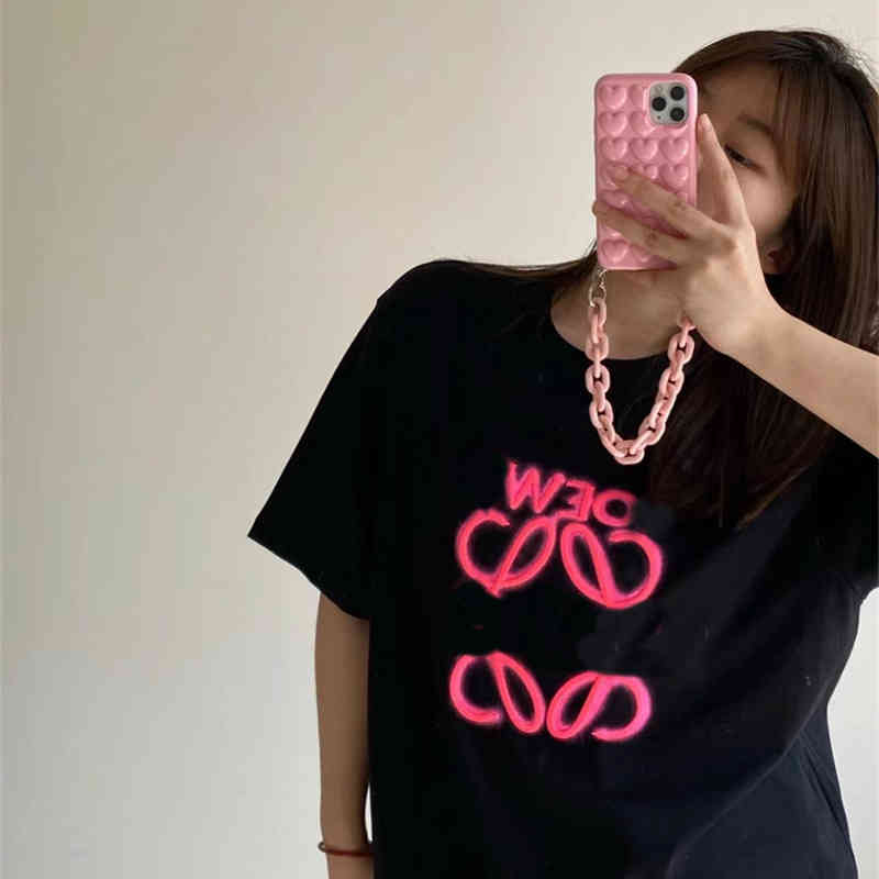 

2022 Spring and Summer New Neon Embroidery Loe Men' Women' Fashion Br Short Sleeve Large Loose Couple Top T-shirt, Black