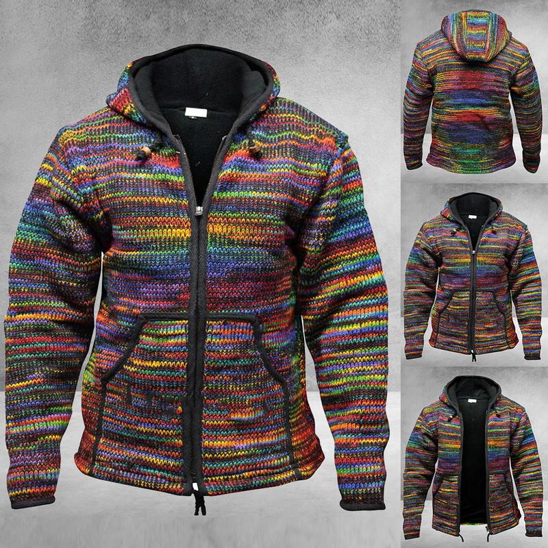 

Men's Sweaters Winter Men Cardigan Jacket Rainbow Striped Coat Autumn Hoodies Zipper Knitted Vintage Knitwear CoatMen's