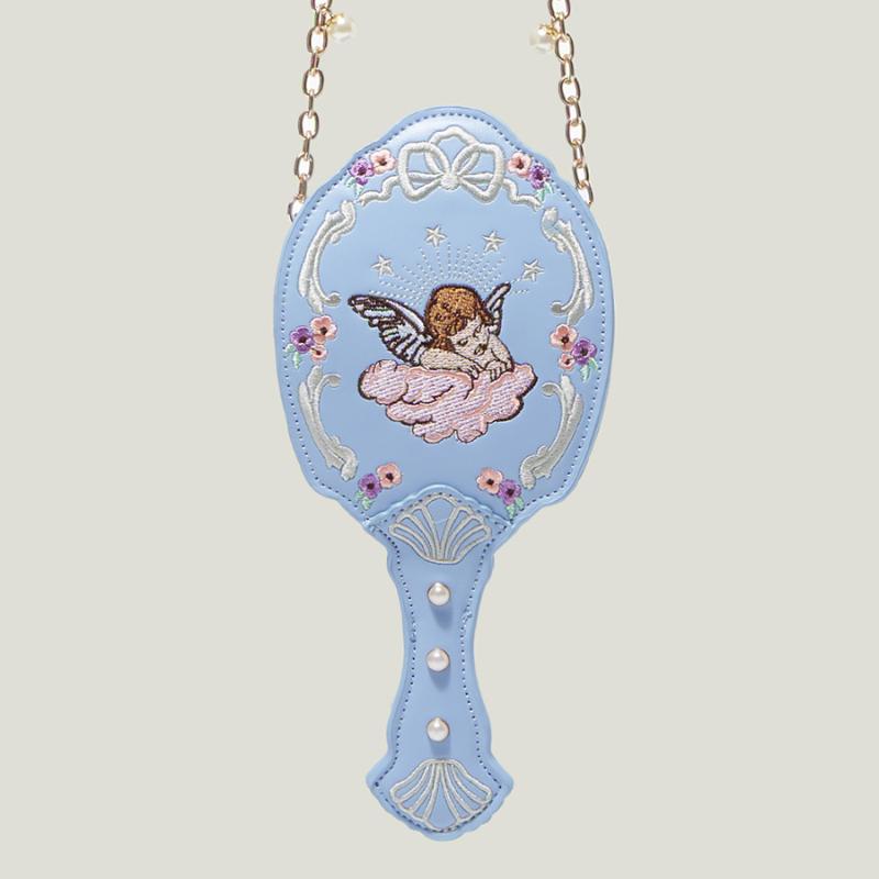 

Evening Bags Creative Violin Shape Chain Crossbody Bag Designer Pearl Angel Embroidery Women Shoulder Funny Chic Small Purse With Mirror, Blue