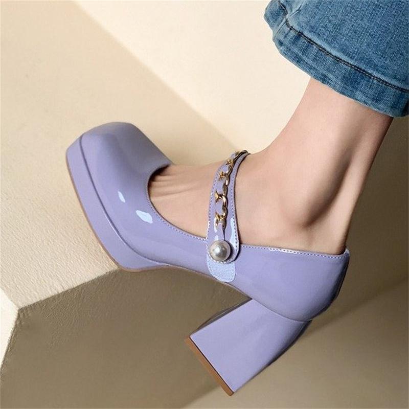

Dress Shoes Wedding 2022 Chains Ladies Thick High Heels Pumps Fashion Square Toe Platform Mary Janes Women Party OL WomanDress, Purple