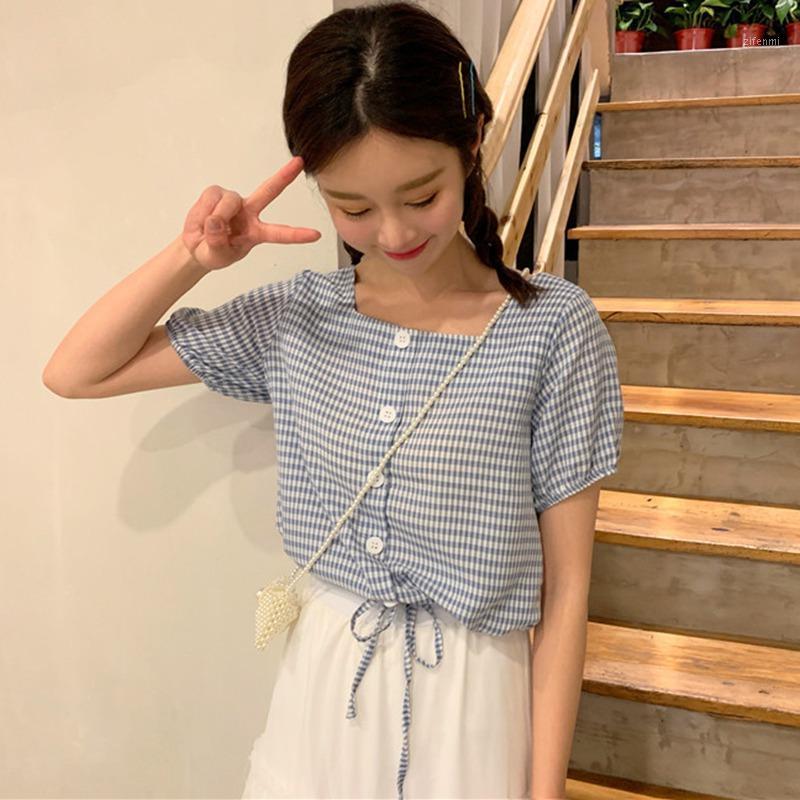 

Summer Cute Girl Blouse Plaid Yellow Square Neck Puff Sleeve Shirt Women Top Chemise Femme Chemisier Blusa Mujer Camisa Women's Blouses & Sh, Blue