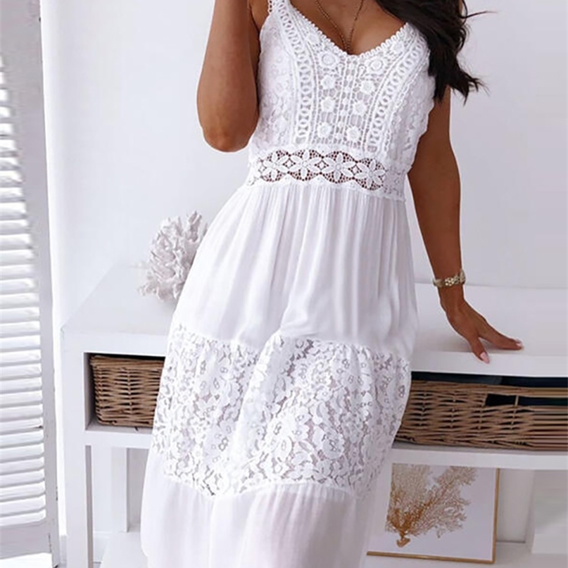 

Hollow Out Summer Women Casual Solid Princess Dress Sleeveless V Neck Sling Ladies Party Sweet Streetwear Drop 220613, 03 white