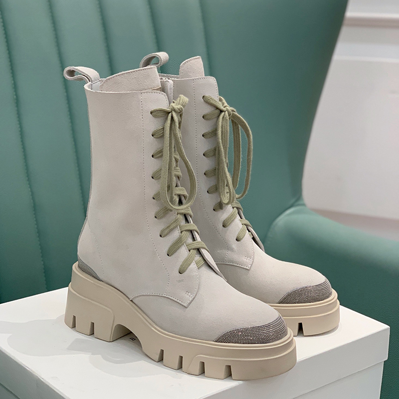 

Beige Martin Boots designers Fashion Rhinestone 5CM Thick soled muffin platform womens shoes top quality Nubuck Cowskin Leather Lace Up Round Toes combat boot 35-41, Black