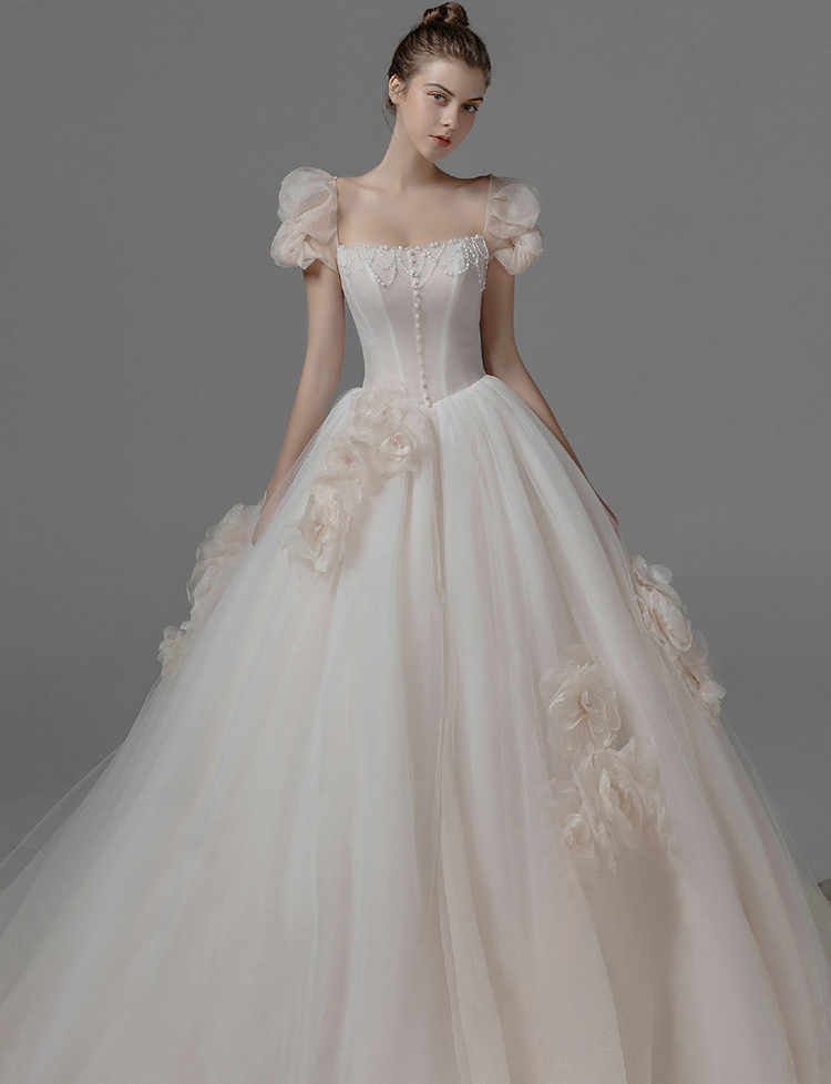 2022 Modest New Lace Appliques Wedding Dresses A line Sheer Bateau Neckline See Through Button Back long train Bridal Gown Cap Sleeves