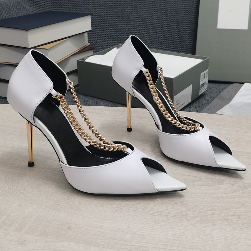 Womens 2022 Spring Summer High Metal Stiletto Heel Elegant Pump Shoes Sexy Luxury Designer Chain Sandal Open Toe Genuine Leather