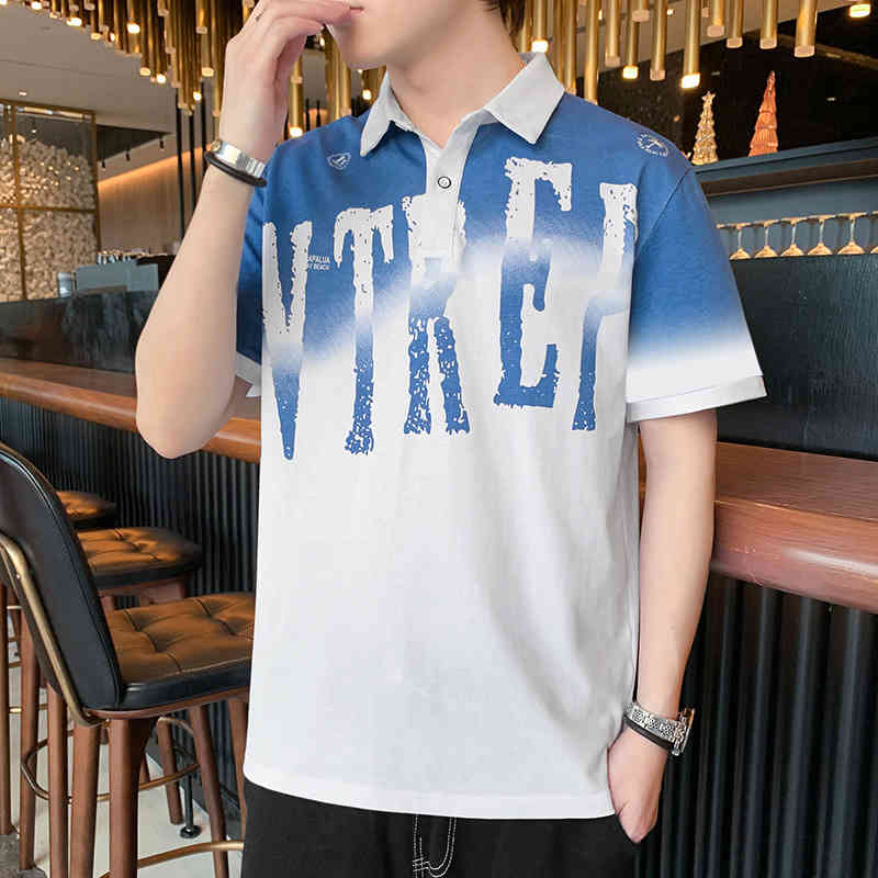 

Men's summer new t-shirt short Korean version loose fashion brand letter printing men's half sleeve polo shirt, Gray