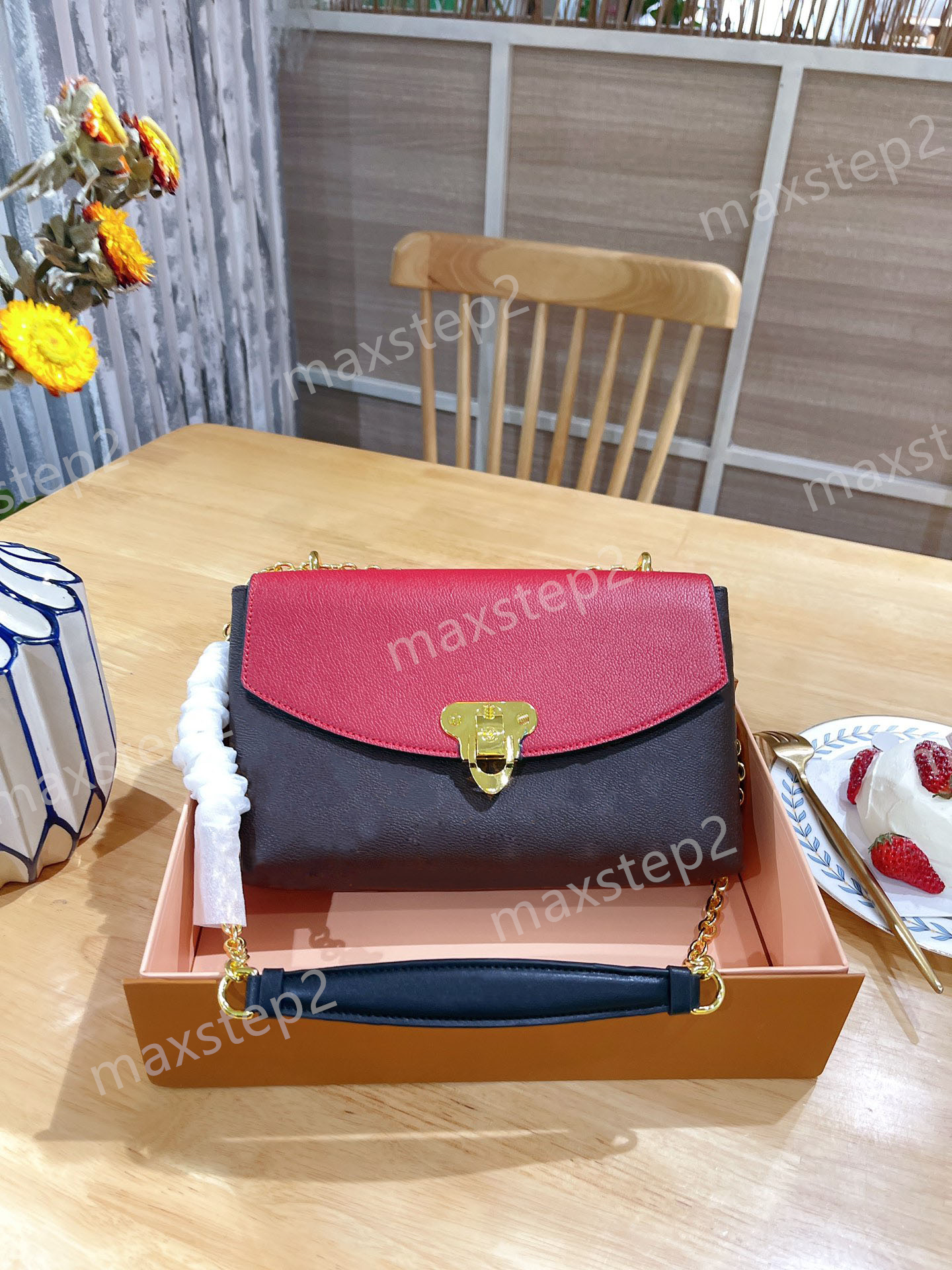 

M43714 SSAINT-PLACIDE Designer women combines chain evening bag canvas print Cowhide-leather cross-body clutch purse handbag shoulderbag