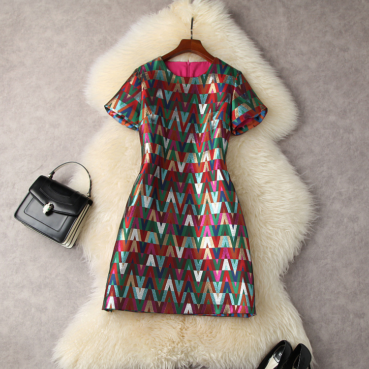 

European and American women' wear spring 2022 new Short sleeve round collar letter jacquard Fashionable slim dress, Multi
