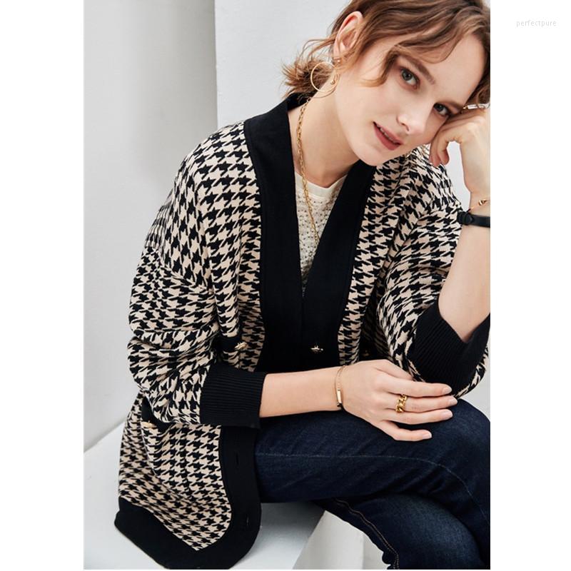

Women' Knits & Tees Women Cardigan Spring Autumn Winter Long Sleeve V-Neck Plaid Elegant High Street Chic Loose Fashion Lady  Perf22, Black