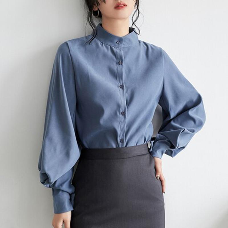 

Women' Blouses & Shirts Spring Autumn Korea Fashion Women Retro Lantern Sleeve Loose Stand Collar White OL Shirt Blouse Female Blusas Mujer, Blue