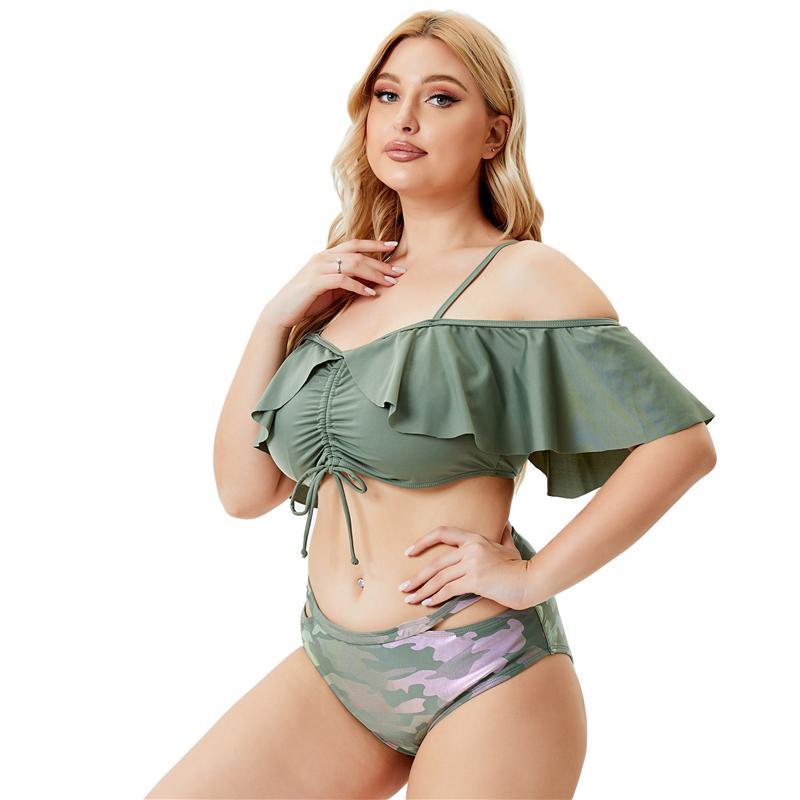 Women's Swimwear 2022 Large Size 5XL Bikini Set Women Ruffle Off Shouder Two Piece Swimsuit Female High Waist Big Bathsuit Bather-image-758107574