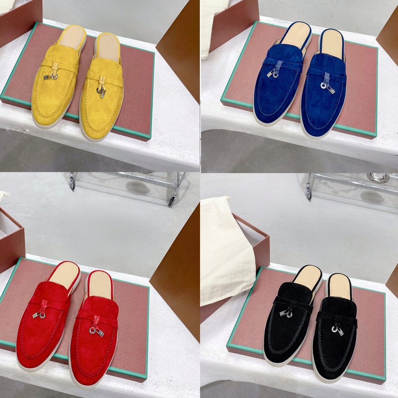 

Summer men Beach slippers classic Designer Lazy Flat Baotou Flip flops 100% leather lady Slides Suede letter women shoes cowhide Metal mens Sandals Large size 34-41-45, Extra shoebox