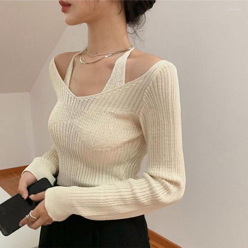 

Women's Sweaters Spring Autumn Women Sweater Long Sleeve Women's Jumper Sexy Knitted Pullover Tops Fake Two Piece ClothesWomen's Jemi22, Black