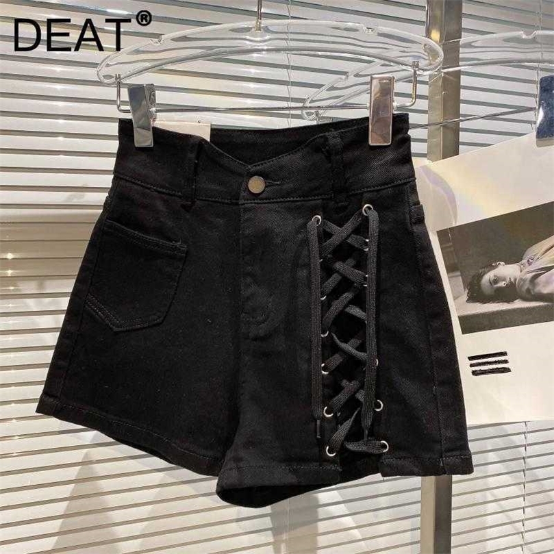 

DEAT Women Bandage Personality Streetwear Denim Shorts High Waist Temperament Fashion Spring Summer 11D1237 210709, Black