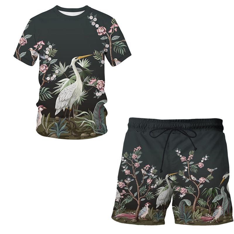

Men's Tracksuits Sports Suit T-shirt + Shorts Flower, Bird And Plant Illustration Clothes 2-piece Set 3D Printing Short-sleeved Sportswear, Gray