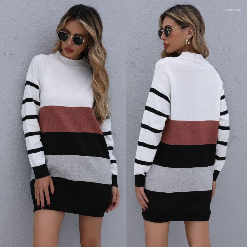 

Women' Sweaters Women Knitted Patchwork O Neck Pullover Simple Long Sleeve Oversized Sweater Tops Casual Party Club Dresses