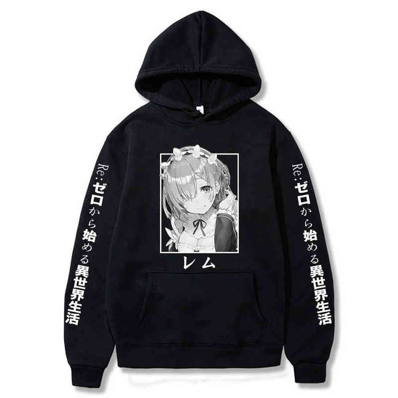 

Re:Zero Restarting Life from Zero in New World Print Harajuku Anime Rem Ram Long Sleeve Korean Couple Hoodies G220511, Black