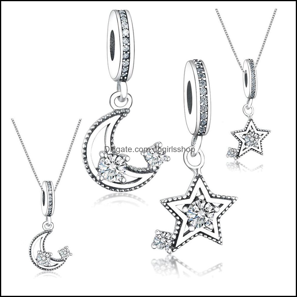 

Sier Loose Beads Jewelry Fit Original Brand Charm Bracelet Authentic 925 Moon Star Mix Cz Stone Pendant For Diy Making Dhofi