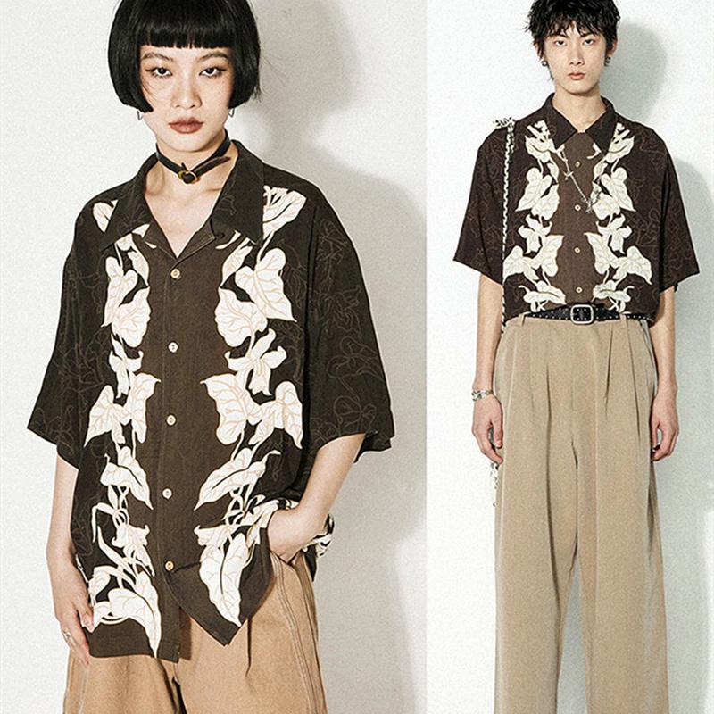 

Women' Blouses & Shirts Vintage Cuba Taro Leaf Dark Brown Flower For Men Women Japan Brand Hip Hop Summer Beach Button Up Shirt Short Sleev, Sleeveless style2