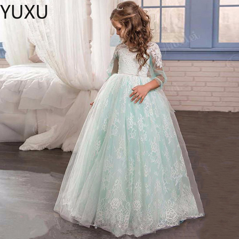 2022 Adorable blue Ball Gown Flower Girl Dresses Princess Sheer Long Sleeves Appliques Jewel Neck lace Toddler Birthday Party Gowns-image-764775598