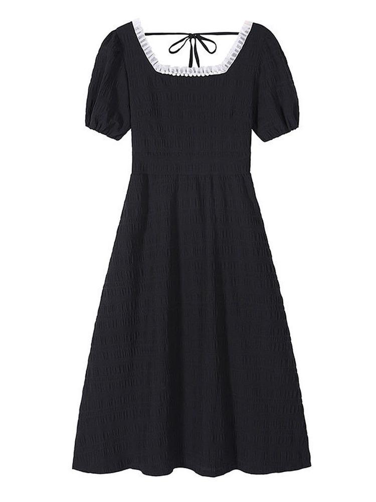 

Casual Dresses Vintgae Black Chiffon Dress Women Korean Style Ruched Puff Sleeve Square Collar Elegant 2022 Summer Robes FemaleCasual