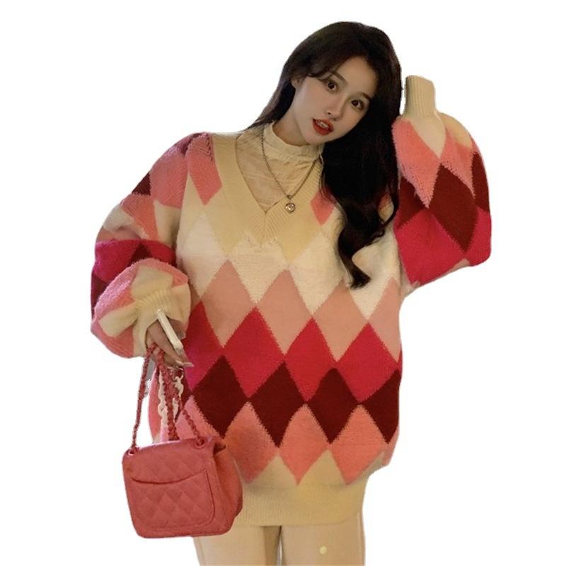 

Women's Sweaters Wind Lazy Rhomboid Sweater Winter Gradient Design Sense Of Aging Thickened Coat Knitted Top Women B028Women's, Green