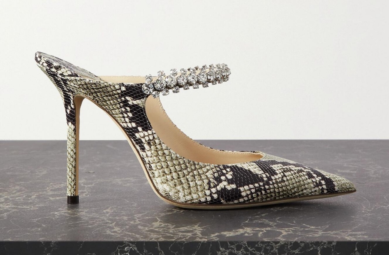 

2022 Luxury American ladies suede Shoes summer new pointed high heels Bing 100 embellished snake-print leather mules rhinestone sexy fashion sandals