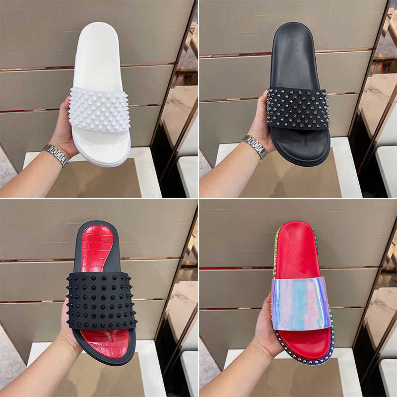 

red bottoms slipper men designer slides mens flip flops sandals spikes house slippers triple black white yellow size 38-46 with BOX, Item #7