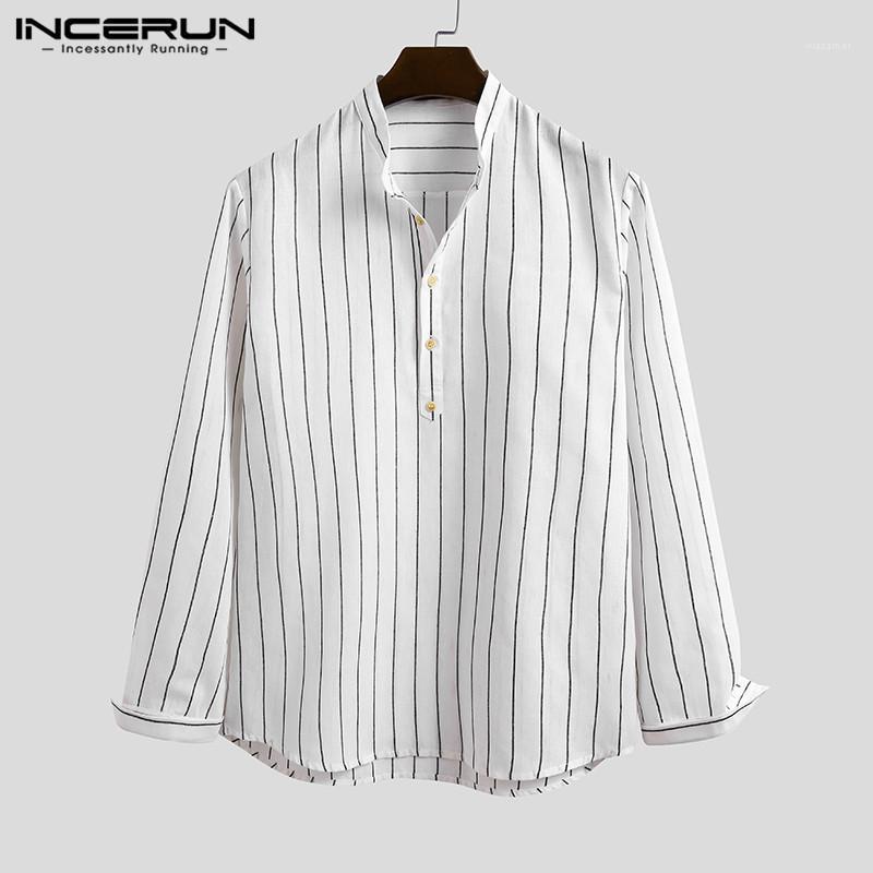 

Man Autumn Buttons Blusas Casual Loose Chemise Harajuku Fashion Stand Collar Shirts Men Striped Long Sleeve Camisa INCERUN -5XL Men, White