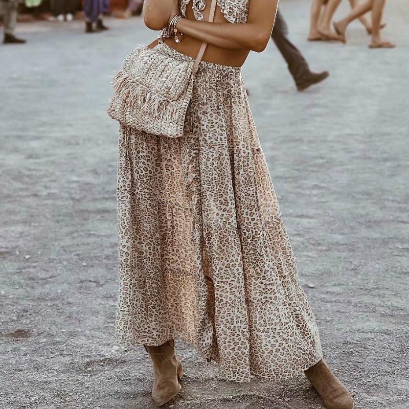 

Skirts Hippie Queens Women Beach Bohemian Leopard Print Fold Design High Elastic A-Line Boho Maxi Skirt FemmeSkirts, As picture