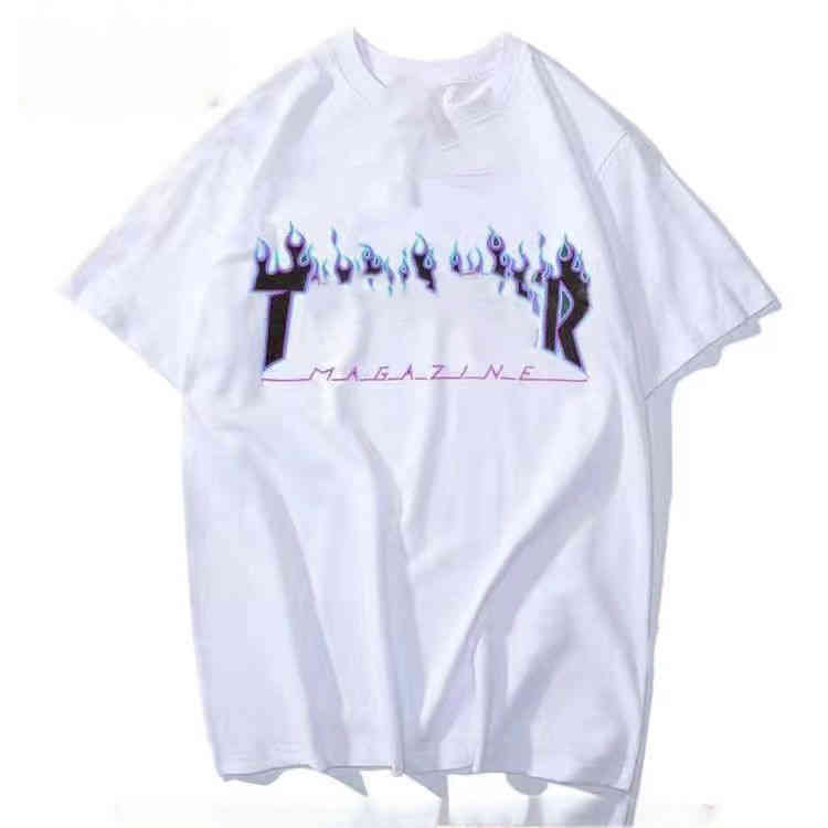 

European and American fashion flame short thra SVE Shirt Ice fire spring and summer men and women with the same loose cotton leisure lovers round collar T Shirt, Beige