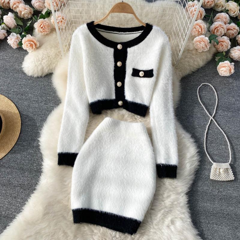 

Work Dresses Small Fragrance Knitted Two Piece Set Women Sweater Cardigan Crop Top + Bodycon Mini Skirts Sets Korean Sweet 2 Suits, Black
